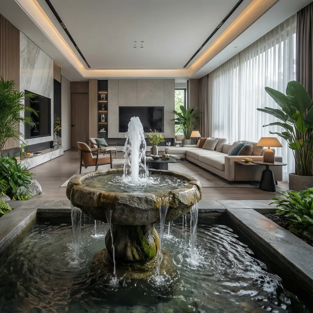 Large stone water fountain in modern living room with white sofa and many green plants