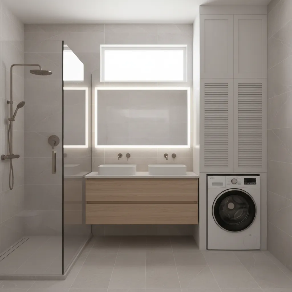 full bathroom with shower and stacked washer dryer layout