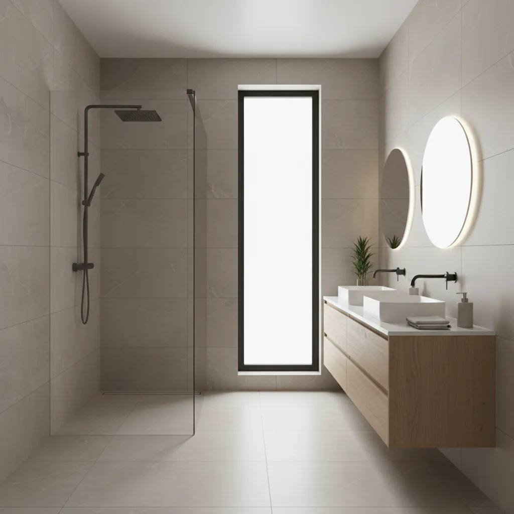 Modern bathroom with full floor to ceiling wall tiles