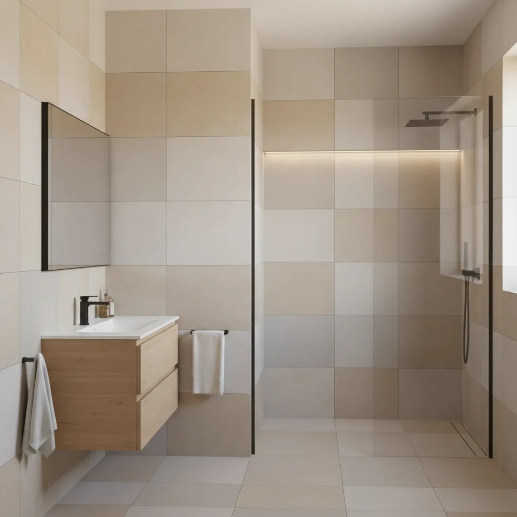 Bathroom with floor-to-ceiling wall tiles and modern shower layout
