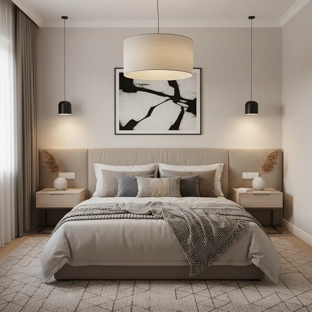 full bed centered in compact 9x12 bedroom with nightstands