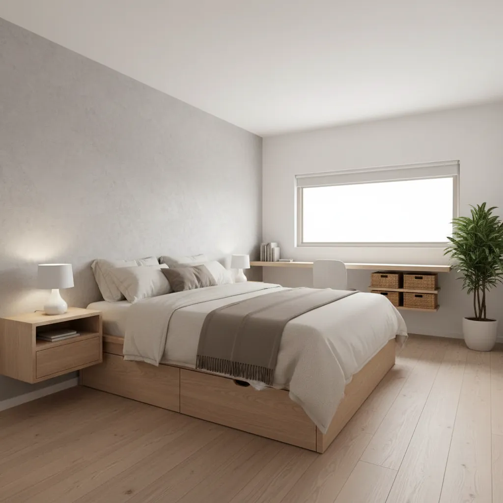 Small bedroom layout with full bed and organized storage zones