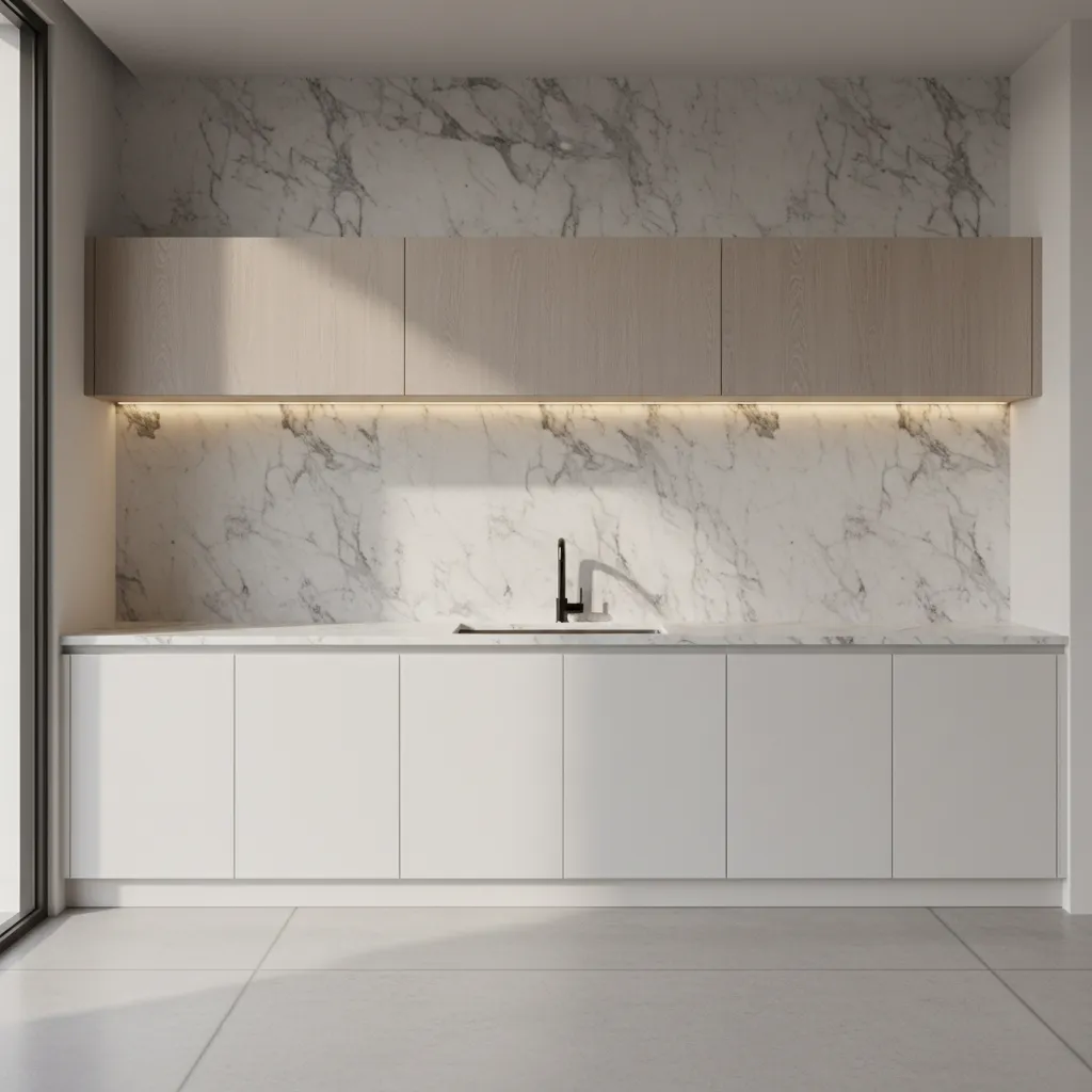 Kitchen counter wall with full height marble backsplash and modern cabinets