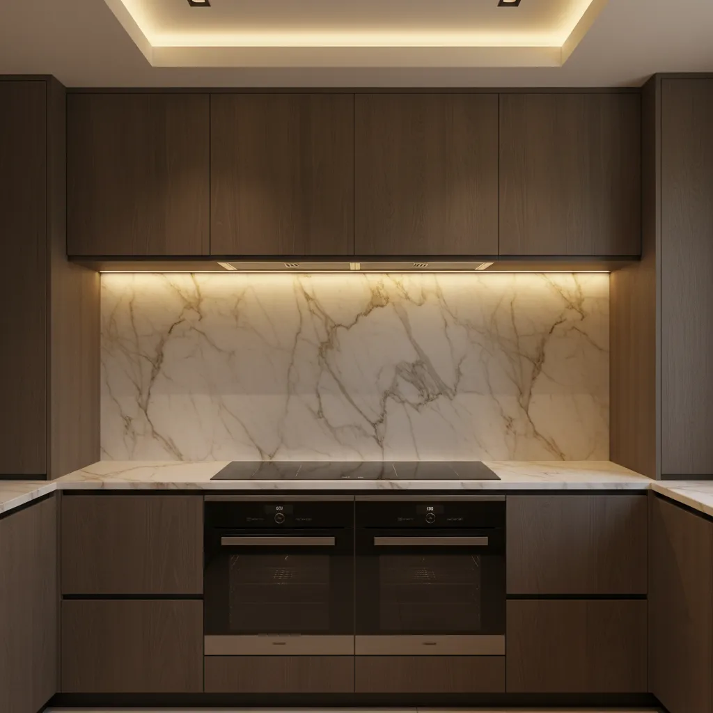 Full height stone backsplash behind kitchen range protecting wall