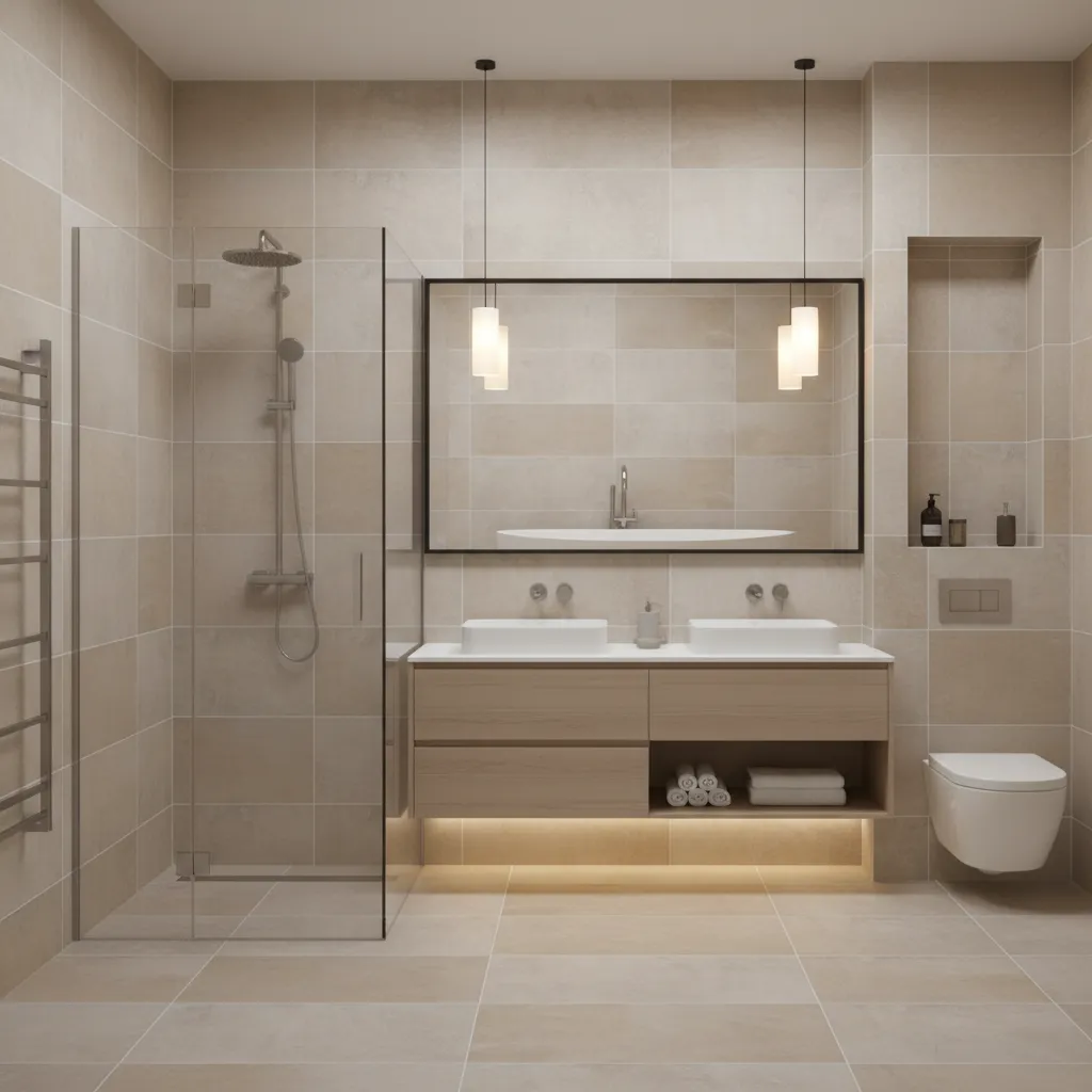 Bathroom with floor to ceiling wall tiles preventing moisture damage