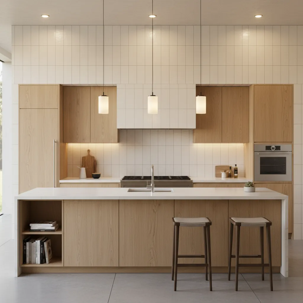 Large wooden kitchen island with white countertop two stools three hanging ceiling lights and wall tiles