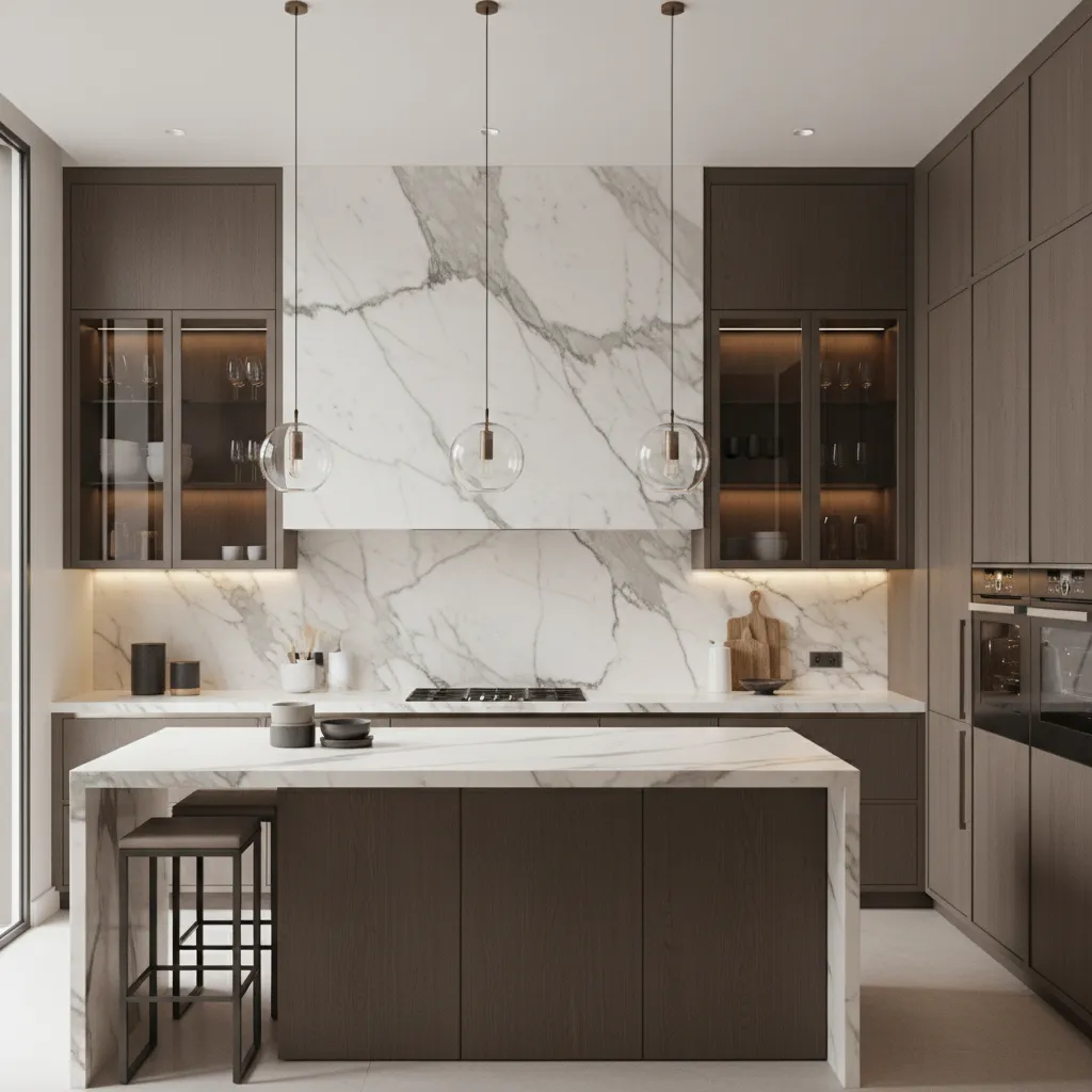 luxury kitchen with full height stone backsplash behind counter and range