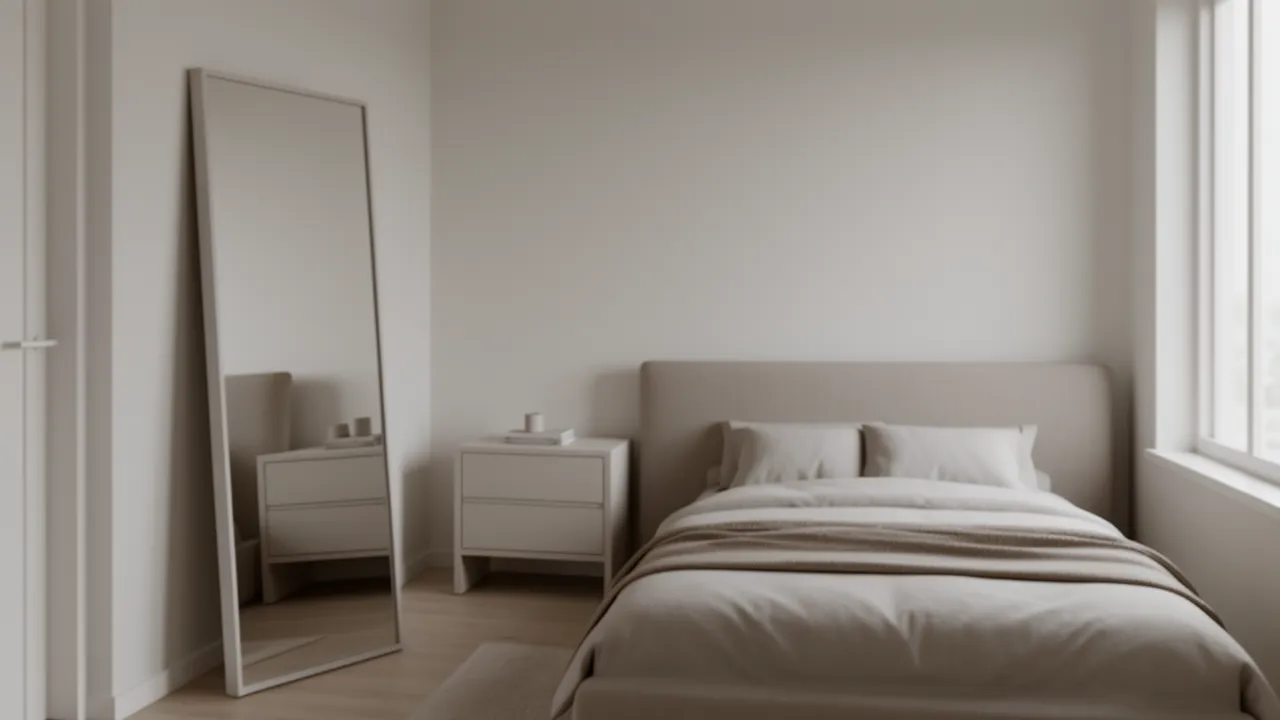 Tall full length mirror making a small bedroom appear taller