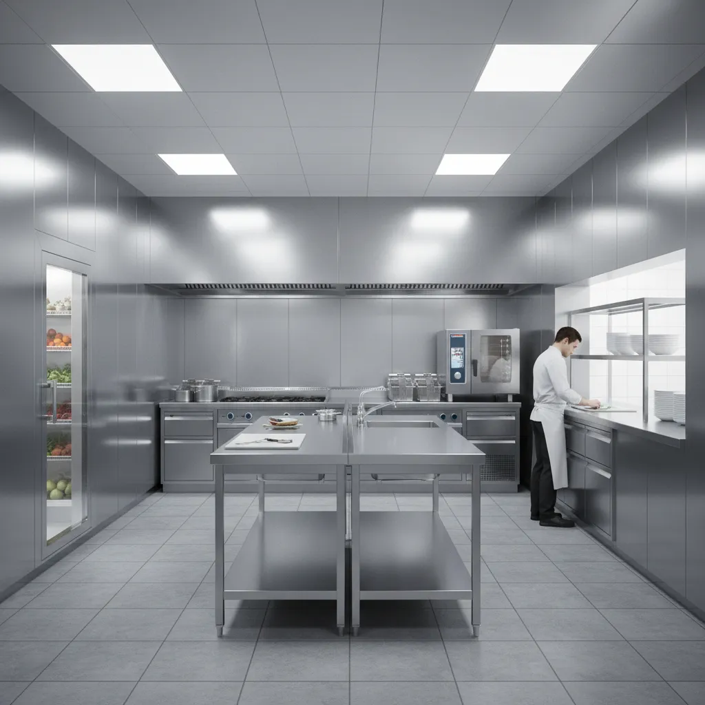 Commercial kitchen with full height stainless steel wall panels