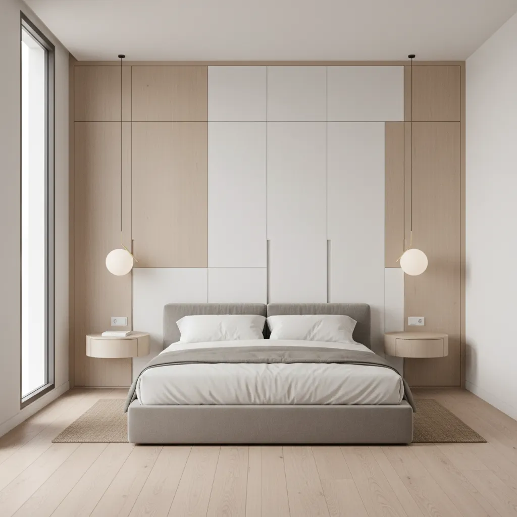 modern bedroom with full height wardrobe reaching the ceiling