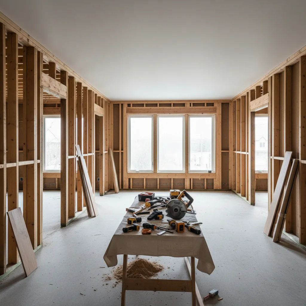 House interior during full remodel construction with exposed framing