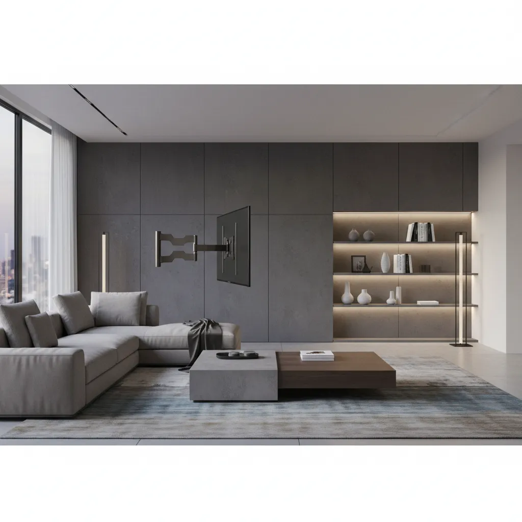 Full motion TV wall mount extended from wall showing swivel arm