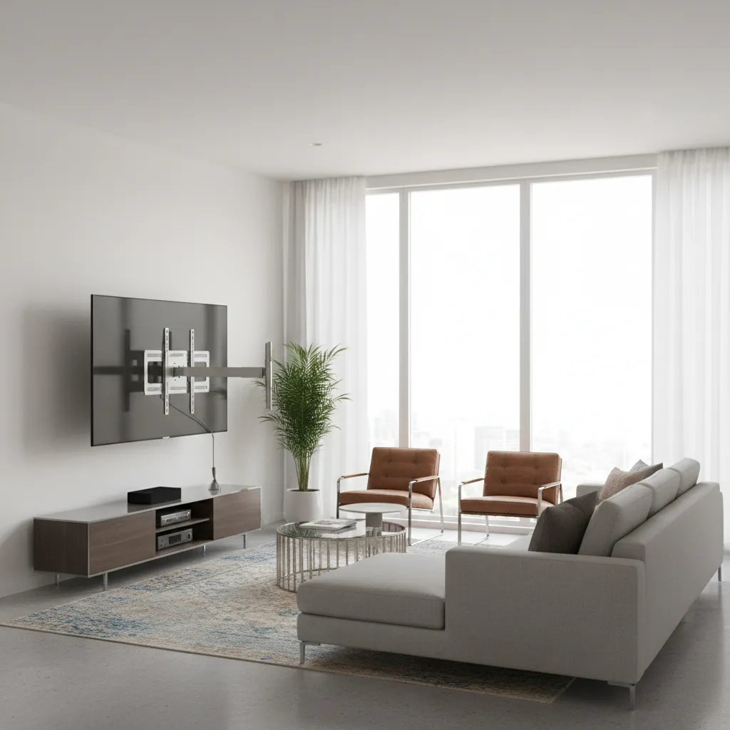 Full motion TV mount extended and angled toward seating area
