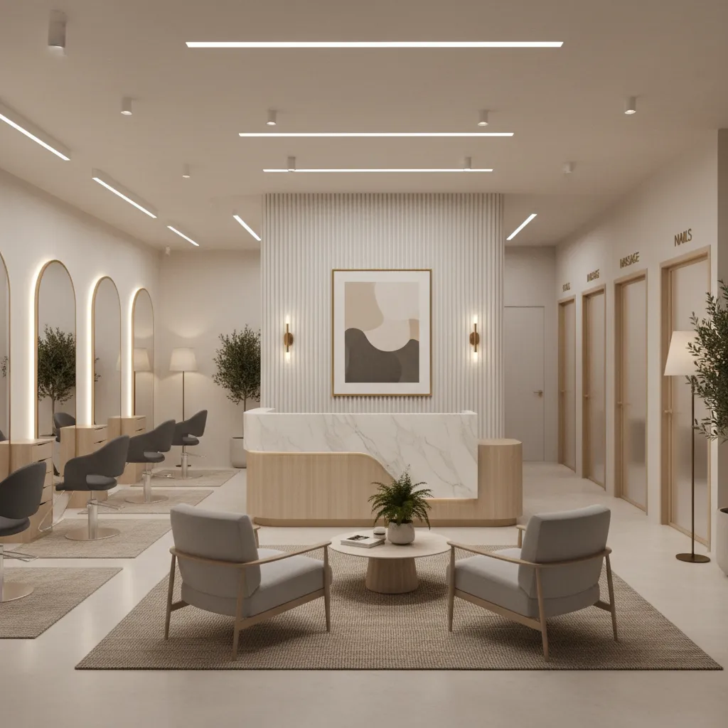 Full service beauty salon interior showing separate styling and treatment zones