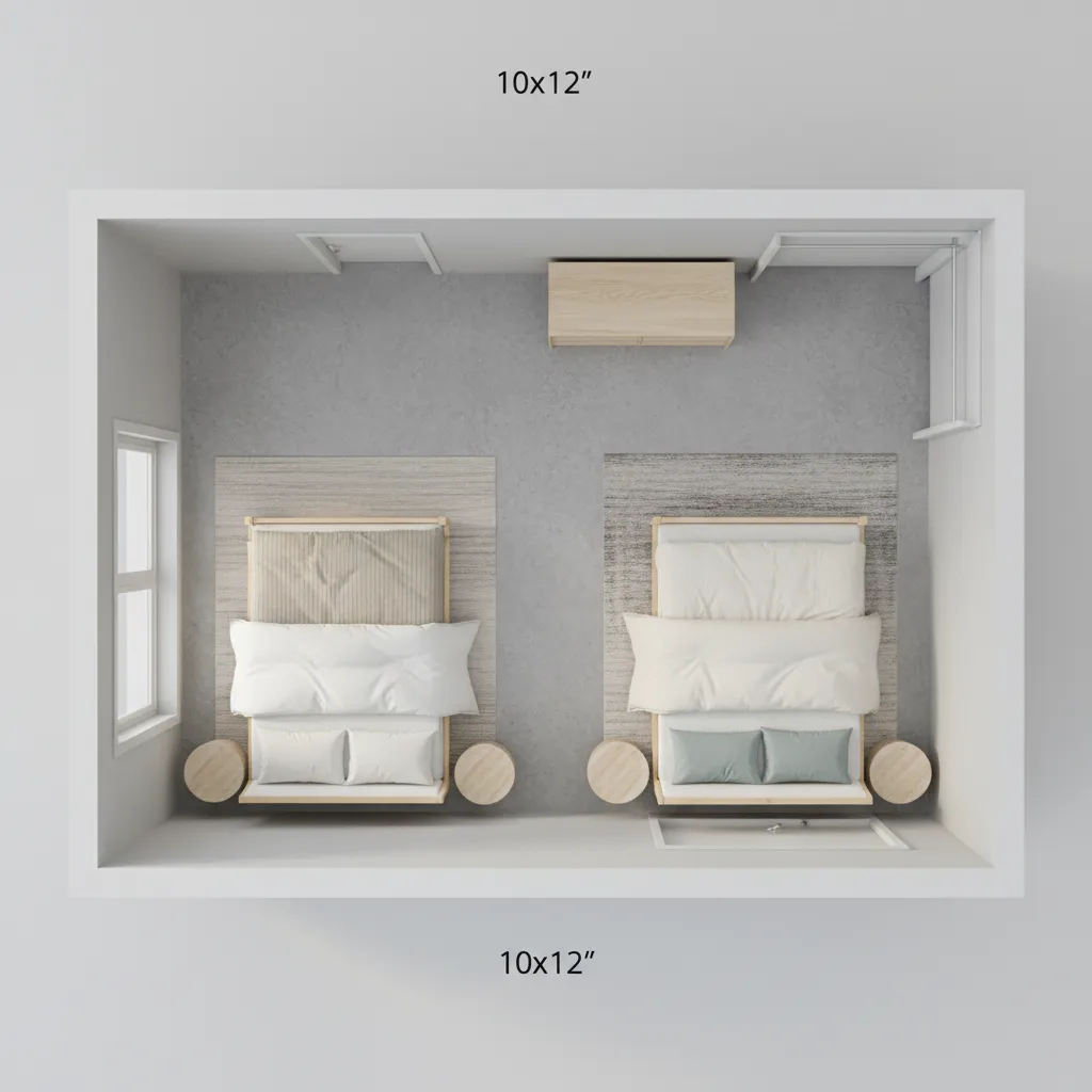 visual comparison of full and queen bed dimensions in bedroom layout
