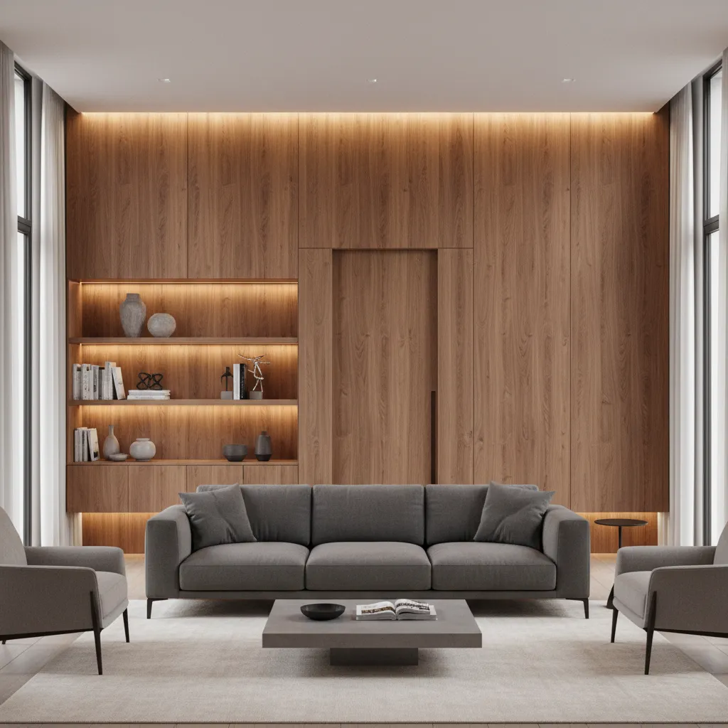 floor to ceiling wall panel system hiding bathroom door in modern living room