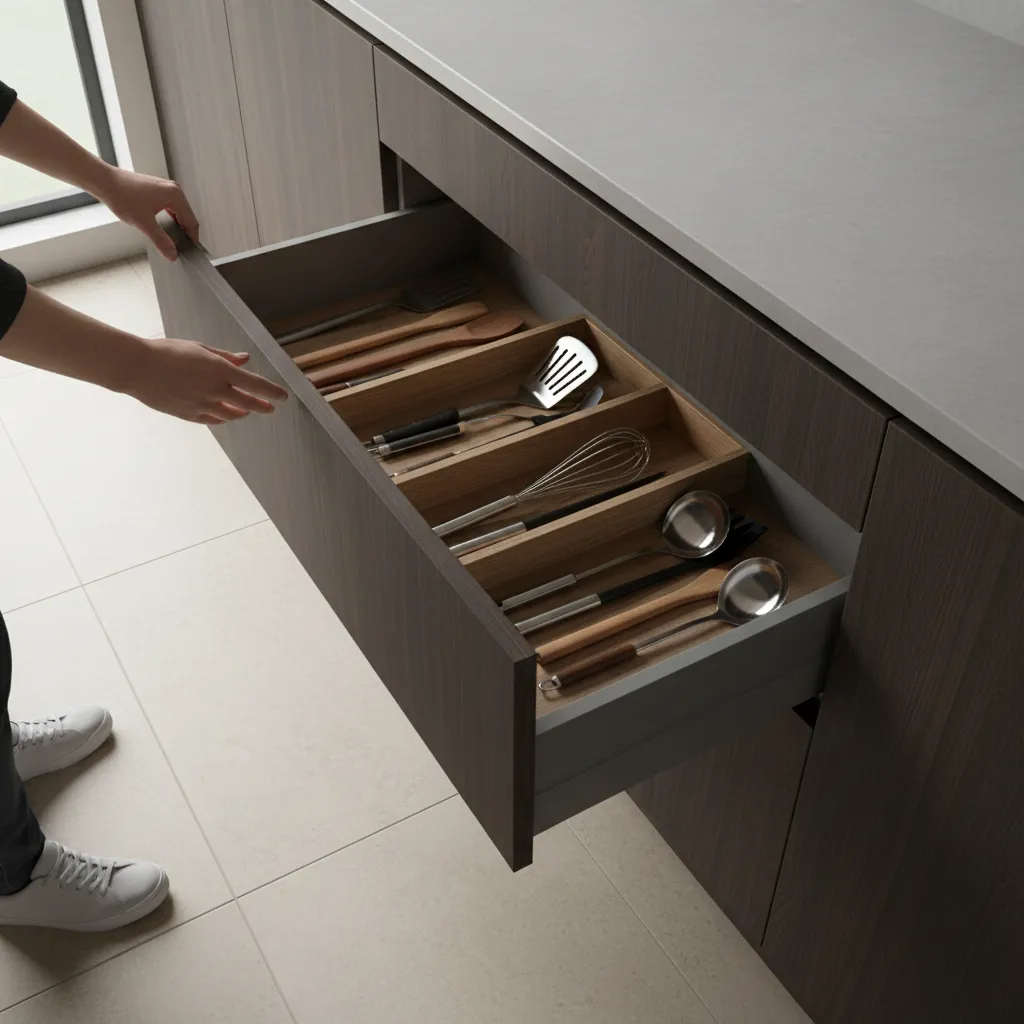 Wide kitchen drawer with full width edge pull hardware