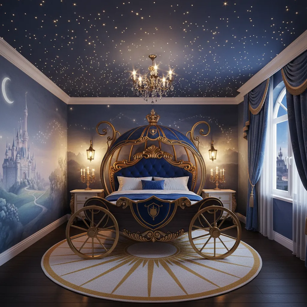 immersive Disney themed bedroom with fantasy castle mural and themed furniture