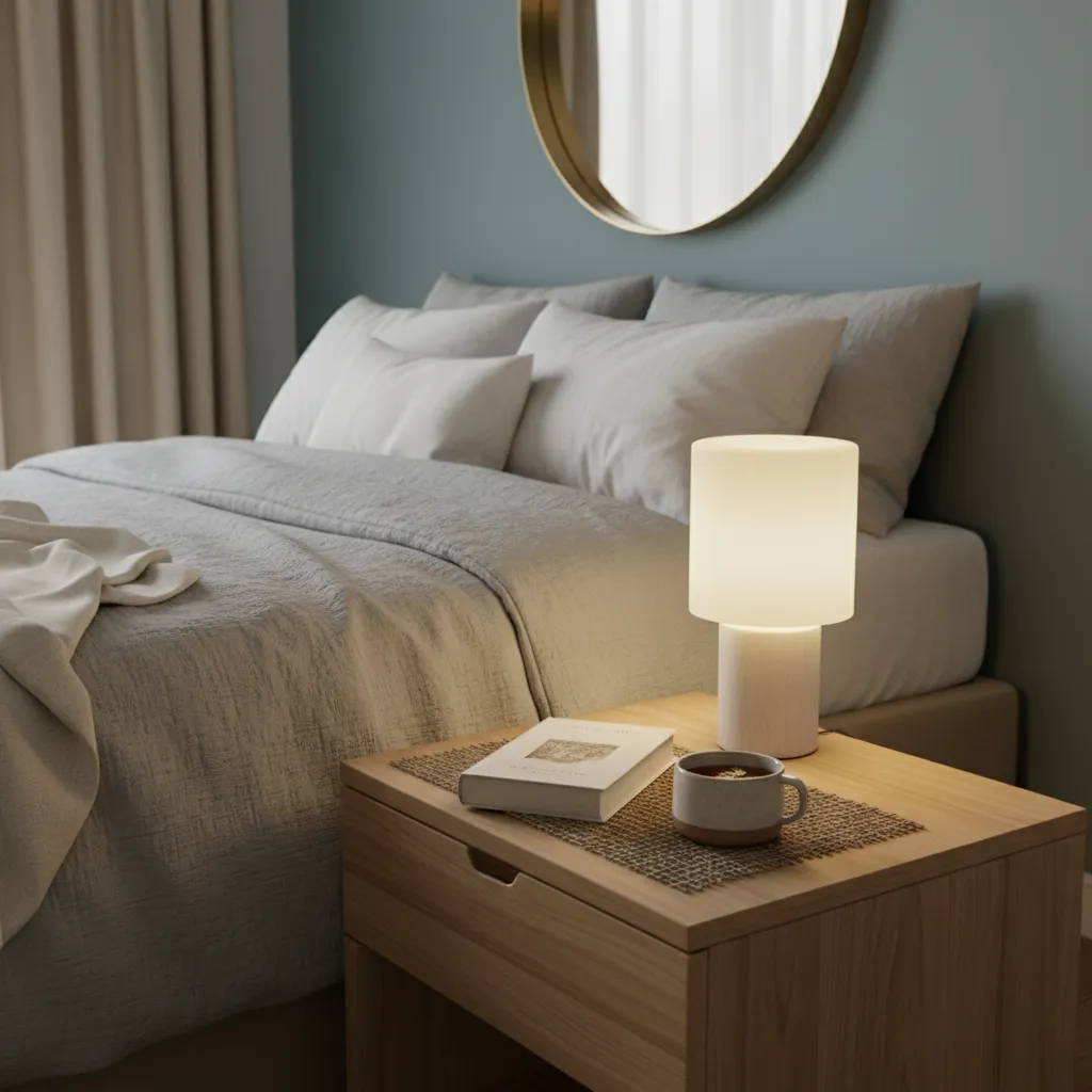 Mesa de luz junto a la cama con lámpara y libro