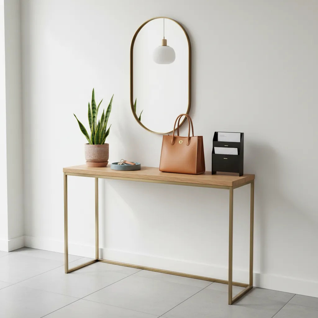 Minimalist entryway table with gold legs, oval mirror, potted plant, leather bag, and mail organizer