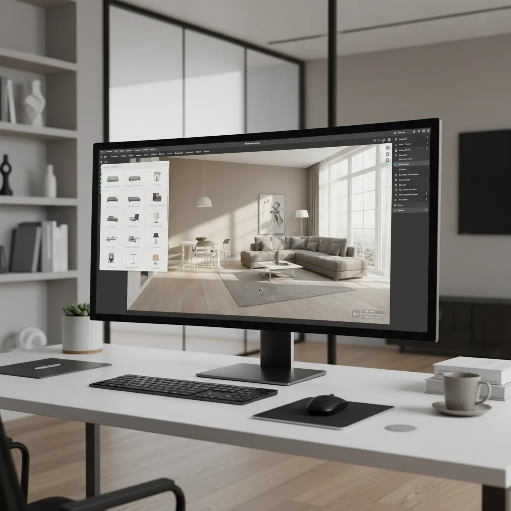Pantalla de software de diseño interior mostrando herramientas y biblioteca de muebles