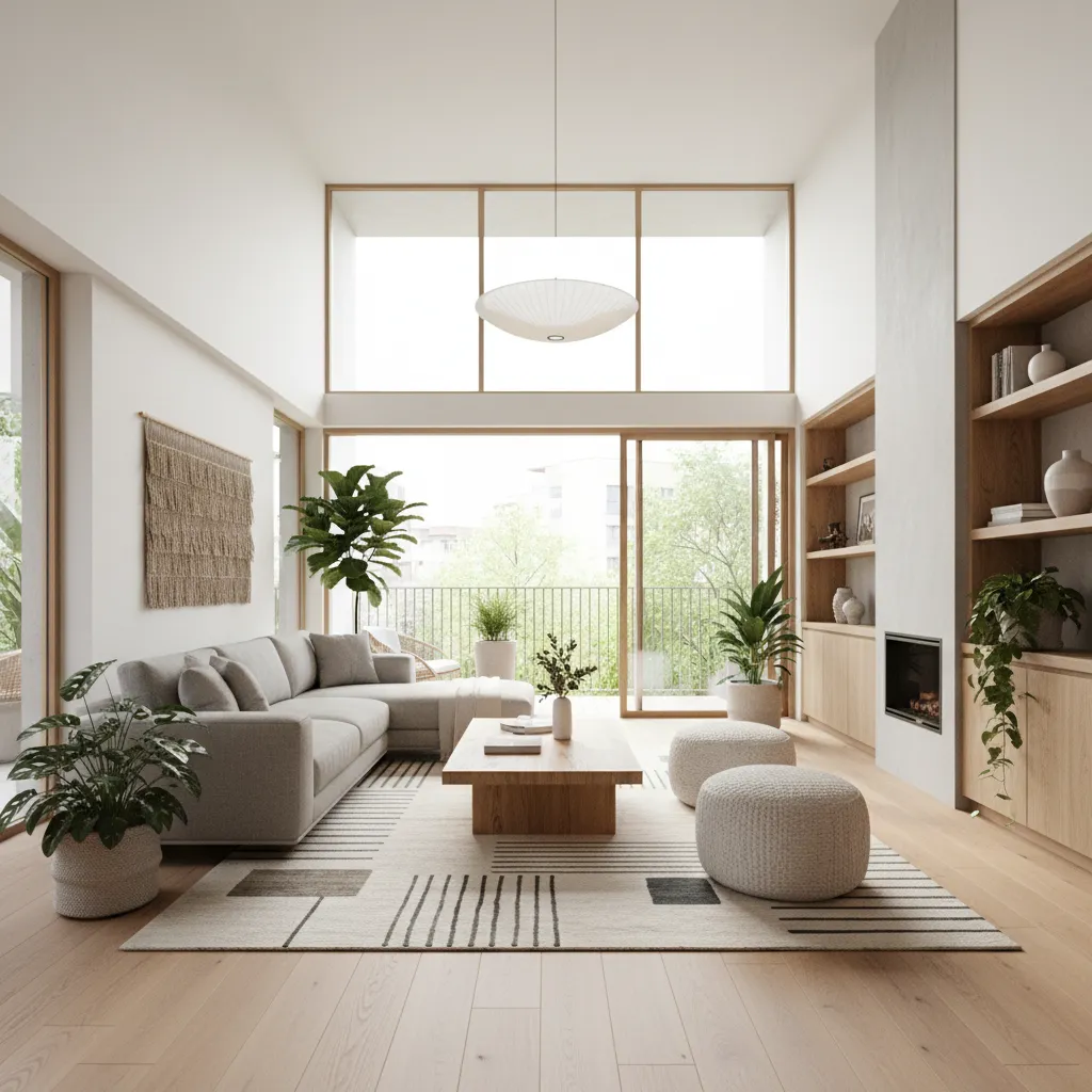 Modern living room with grey sofa wooden coffee table two footrests rug plants and windows