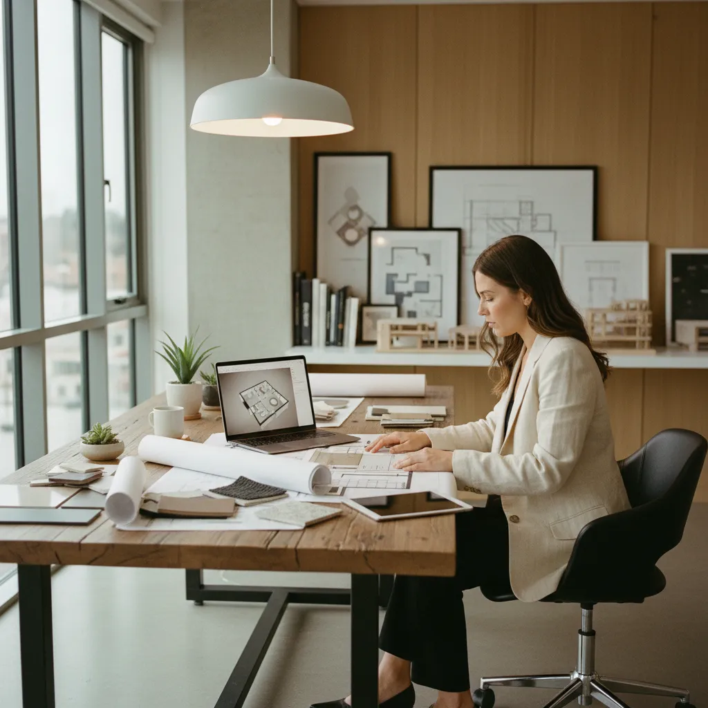 Female designer working on floor plan with laptop blueprints tablet and white ceiling light fixture
