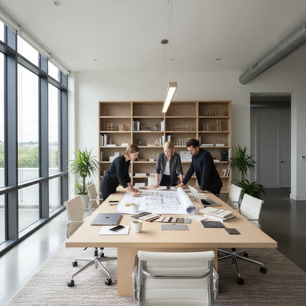 Three designers looking at a printed room layout plan on a large wooden office table