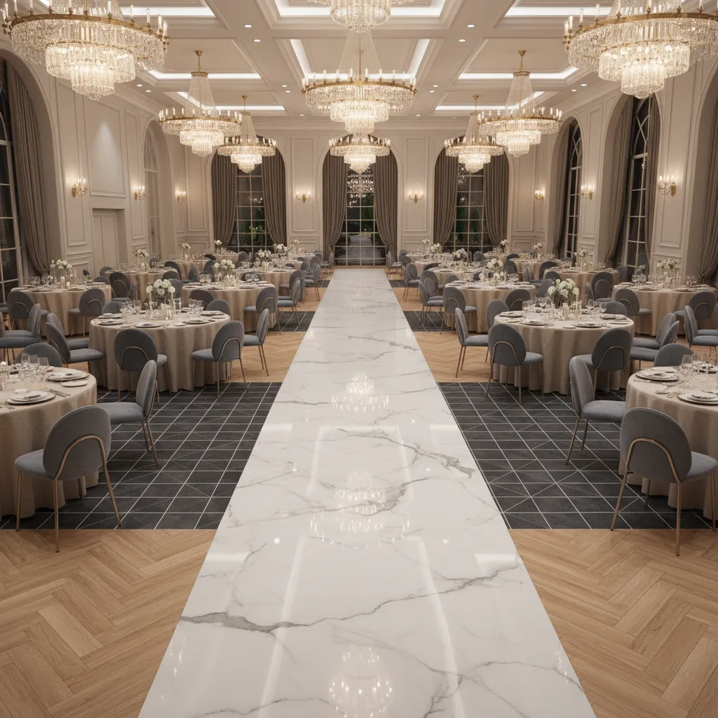 Large event room featuring marble walkway between round tables wood flooring and many ceiling lights