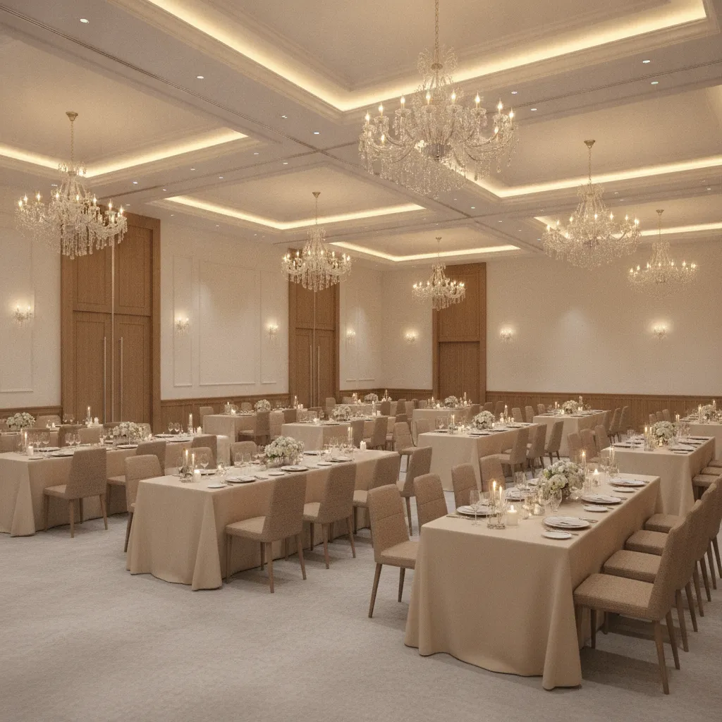 Function hall with layered lighting including chandeliers and ambient lights
