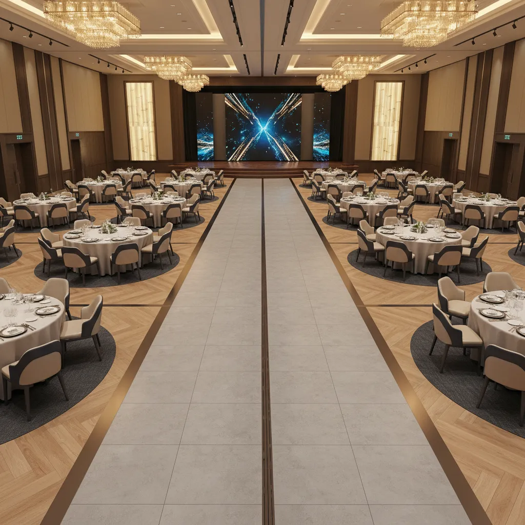 Event venue interior highlighting flooring circulation zones and material transitions