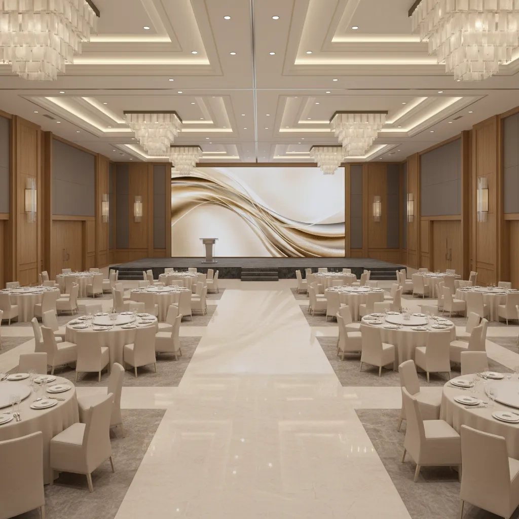 Function hall seating layout with banquet tables and stage view