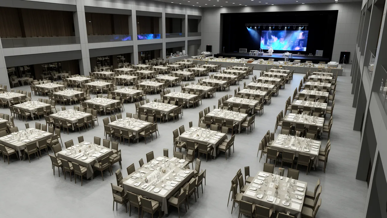Function hall layout showing clear walking paths and stage area