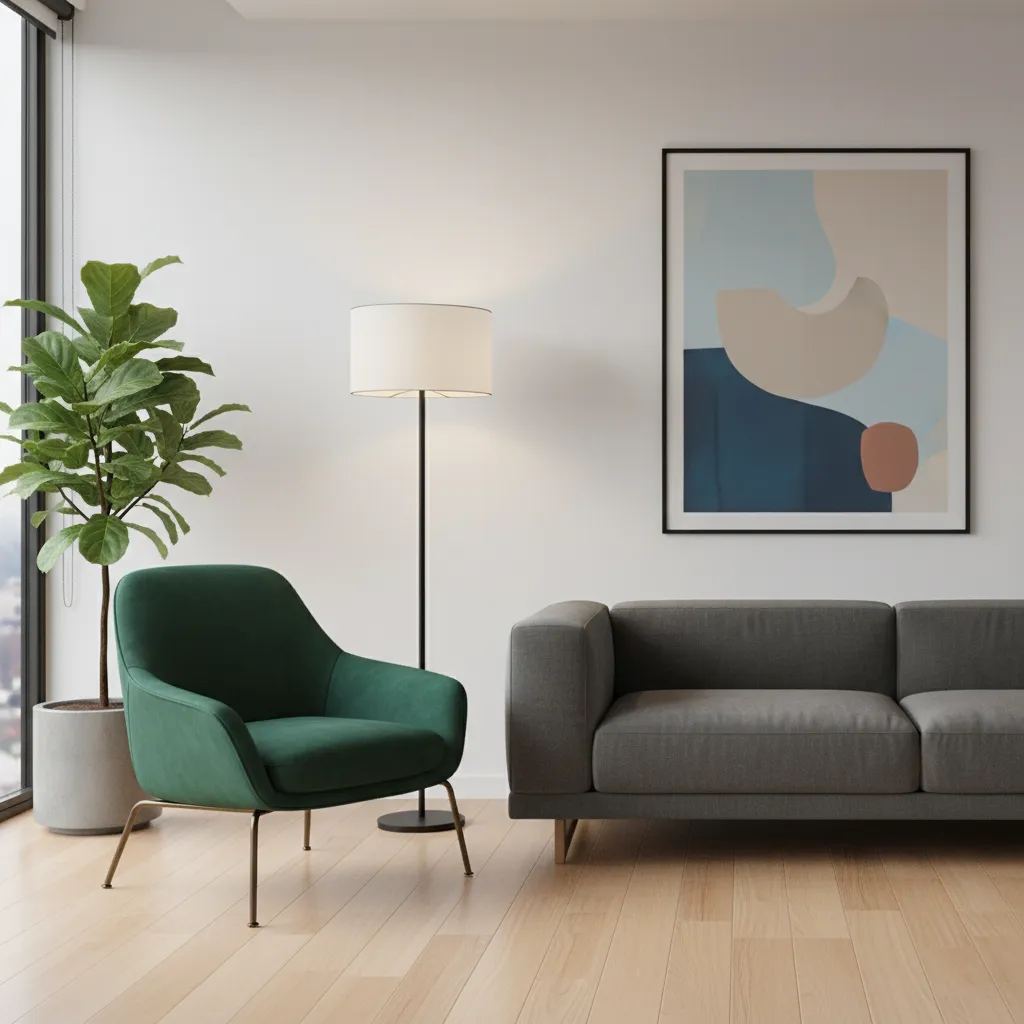 Functional corner zone with chair, lamp, and decor