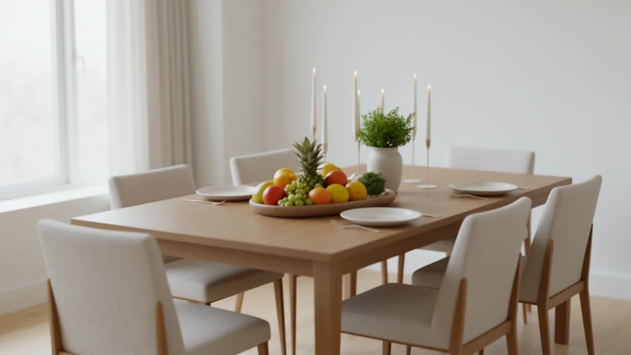 Dining table with fruit bowl candles and tray functional decor