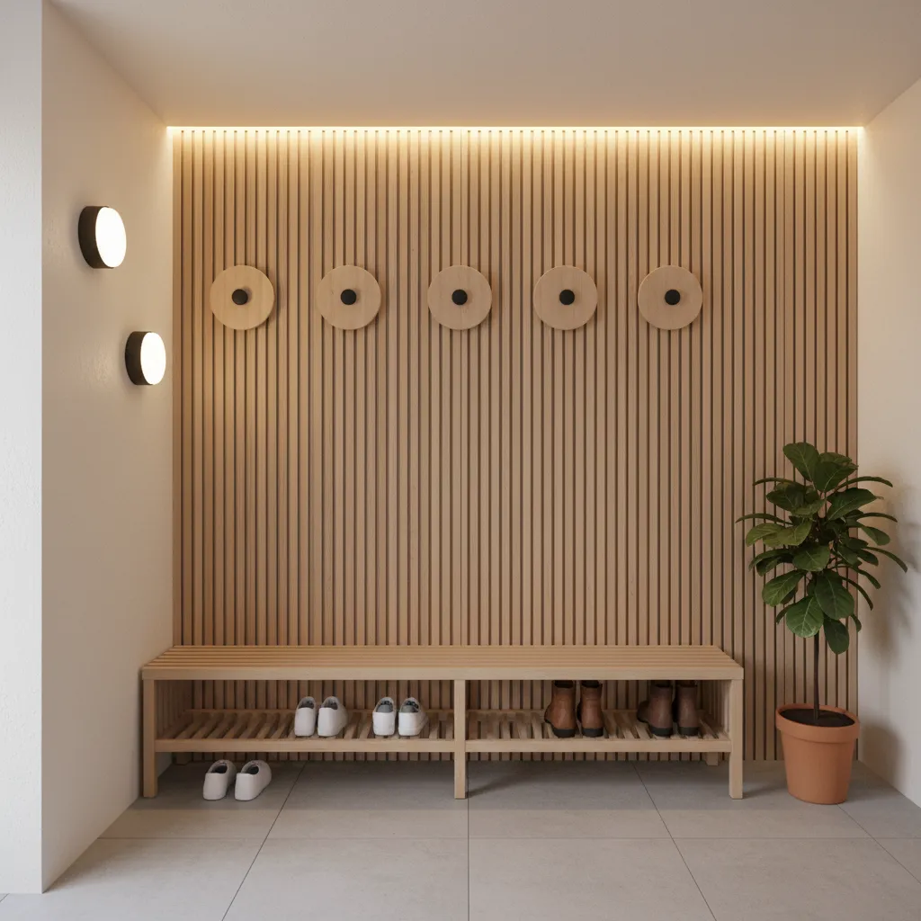 Entryway panel system with bench and coat hooks layout