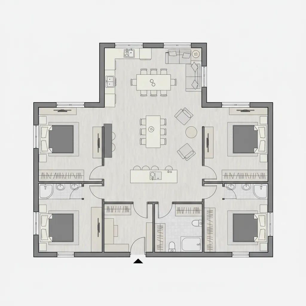 Distribución funcional de casa con cocina abierta y sala conectada