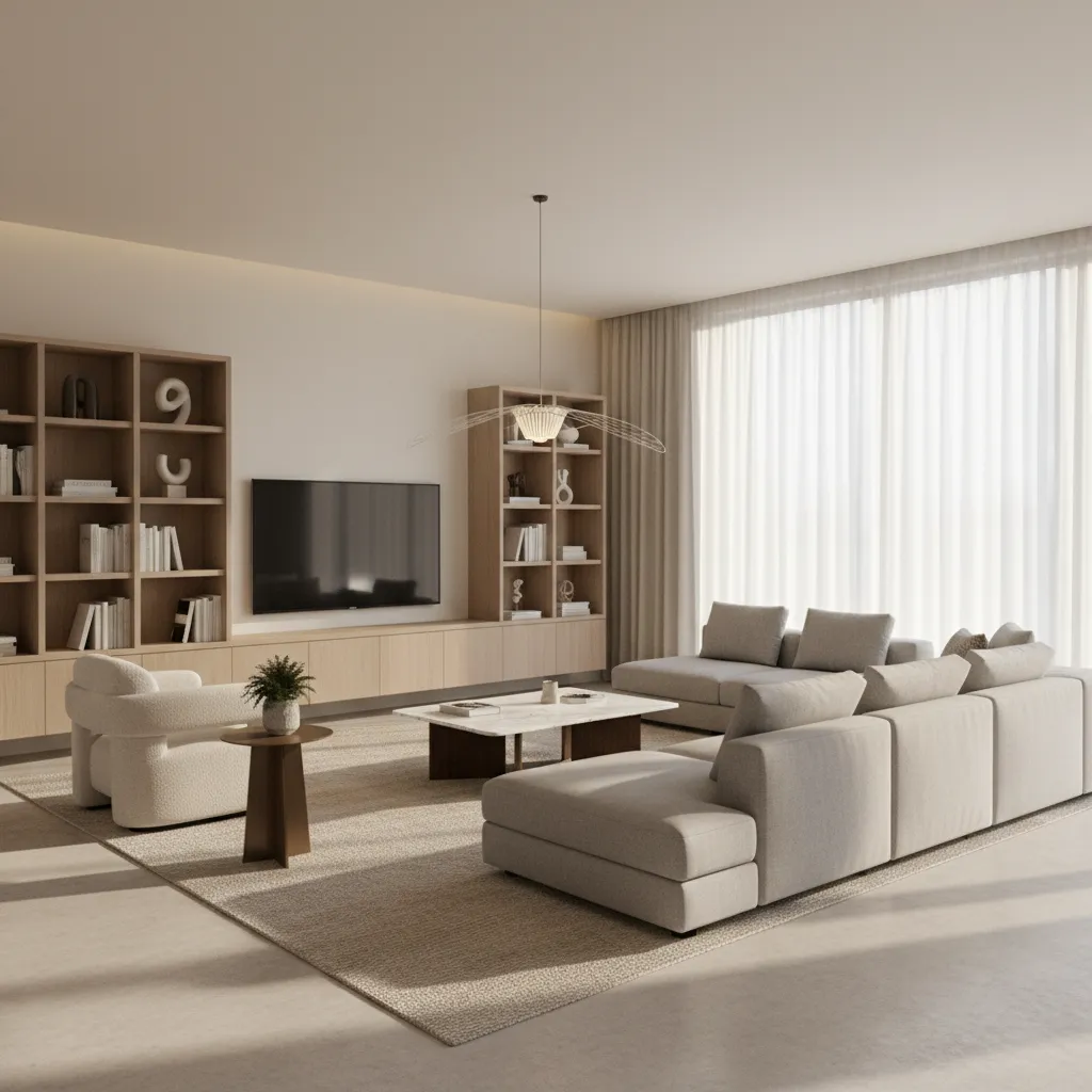 Modern living room with beige sectional sofa wooden storage unit television rug and ceiling light