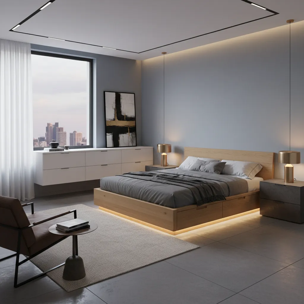 modern men's bedroom with platform storage bed and functional furniture