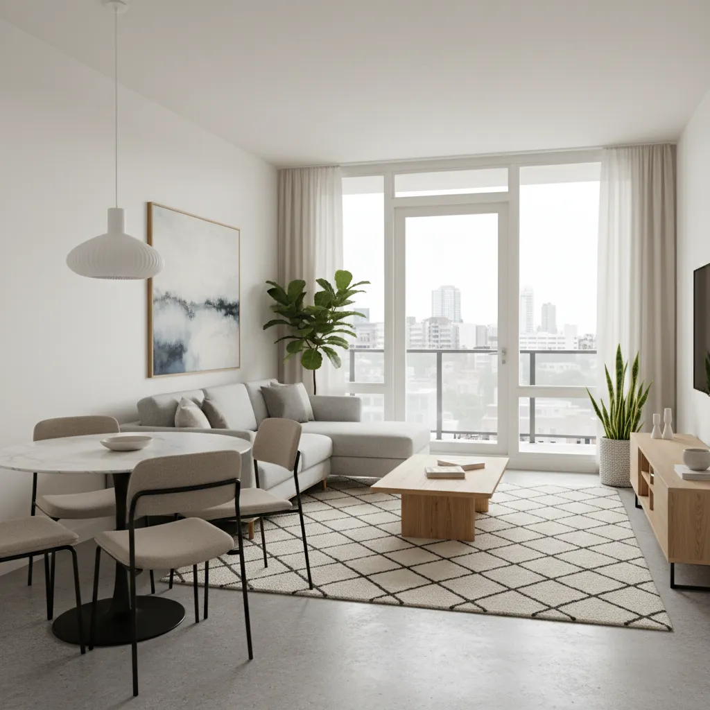 Functional mid size apartment living room and dining layout