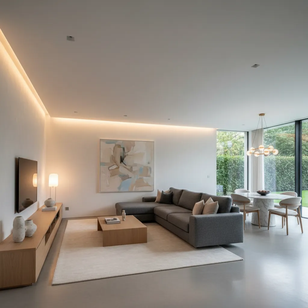 Modern living room with grey sofa, wooden coffee table, TV cabinet, painting, and dining table