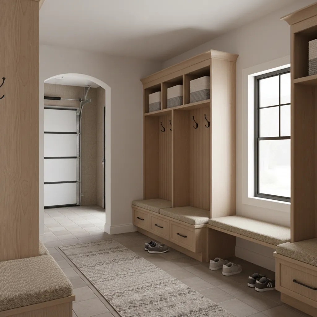 Mudroom entry from garage with bench cubbies hooks and tile flooring