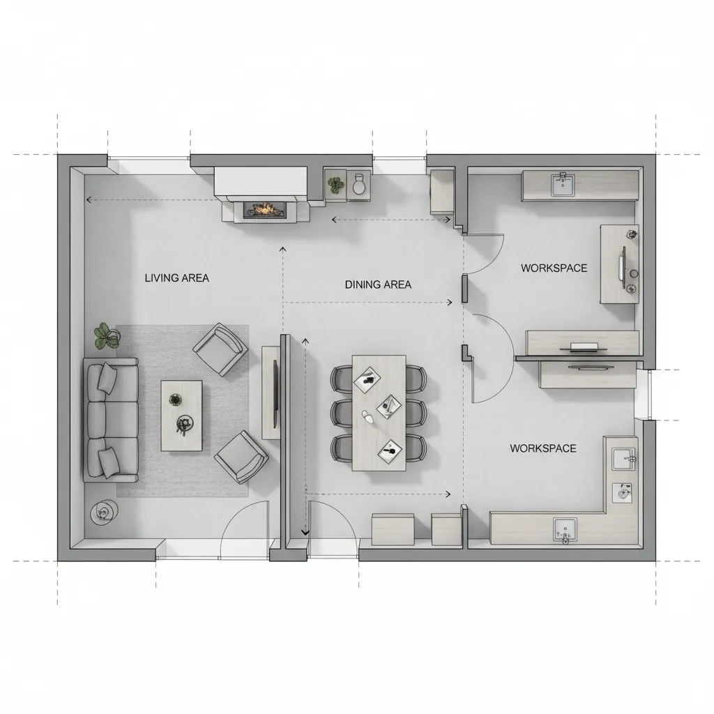Interior design drawing showing a floor plan with living dining and workspace areas using modern furniture