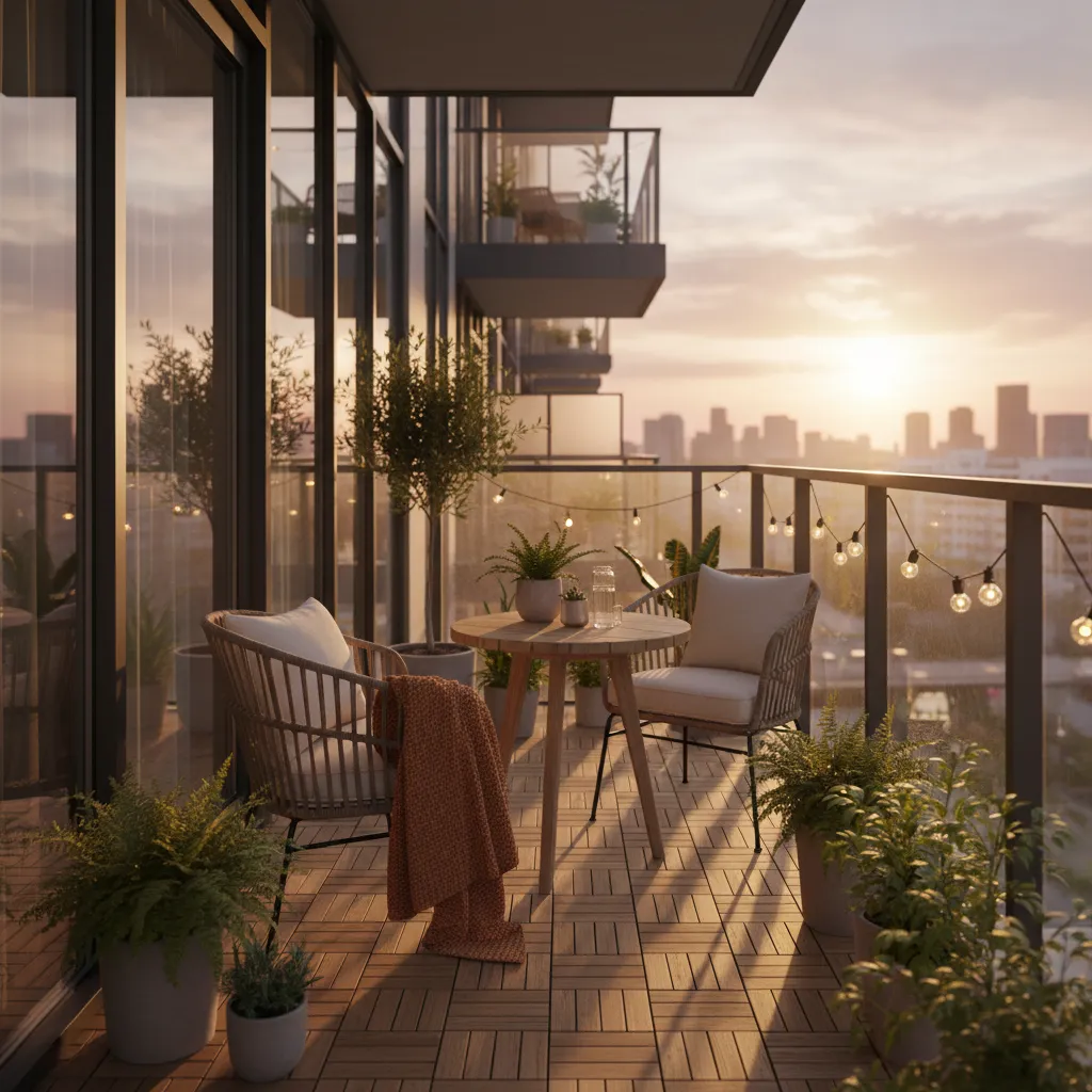 Balcón funcional con iluminación cálida y espacio para sentarse