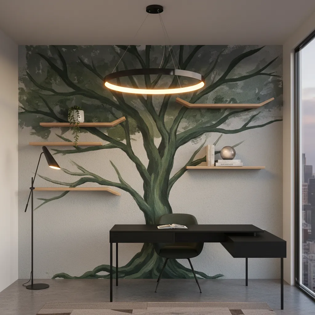 Creative tree wall painting integrated with shelves and decor in workspace