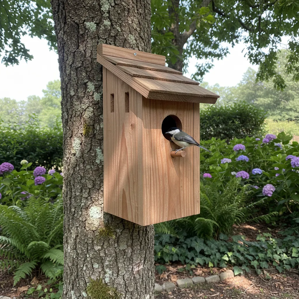 Functional wooden bird house mounted on a tree designed for nesting birds
