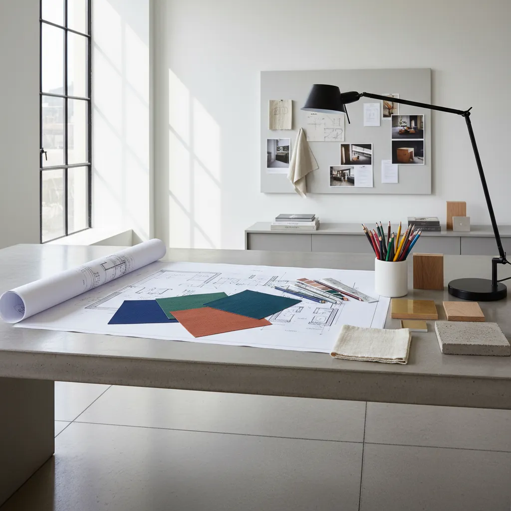 Diseñador revisando planos y muestras de materiales en mesa de trabajo