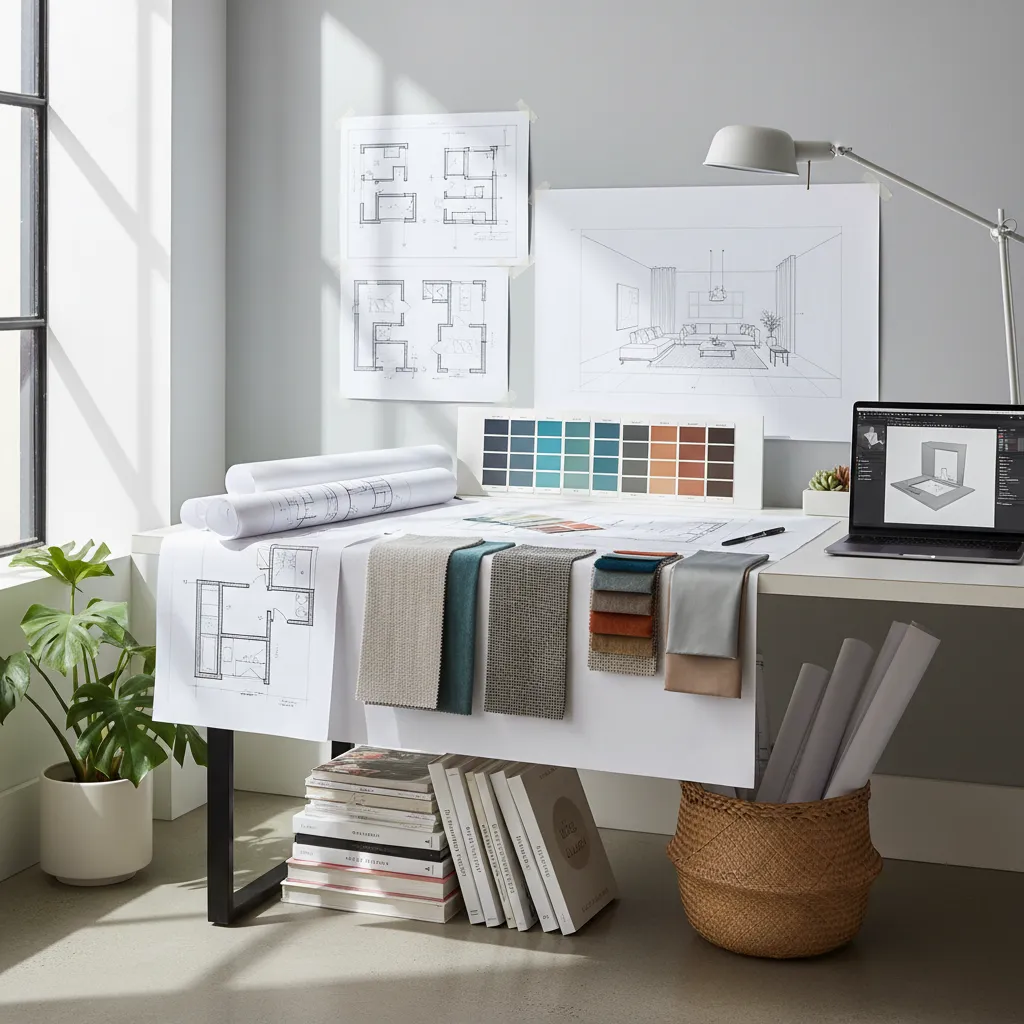 esquemas de diseño interior con muestras de color y planos