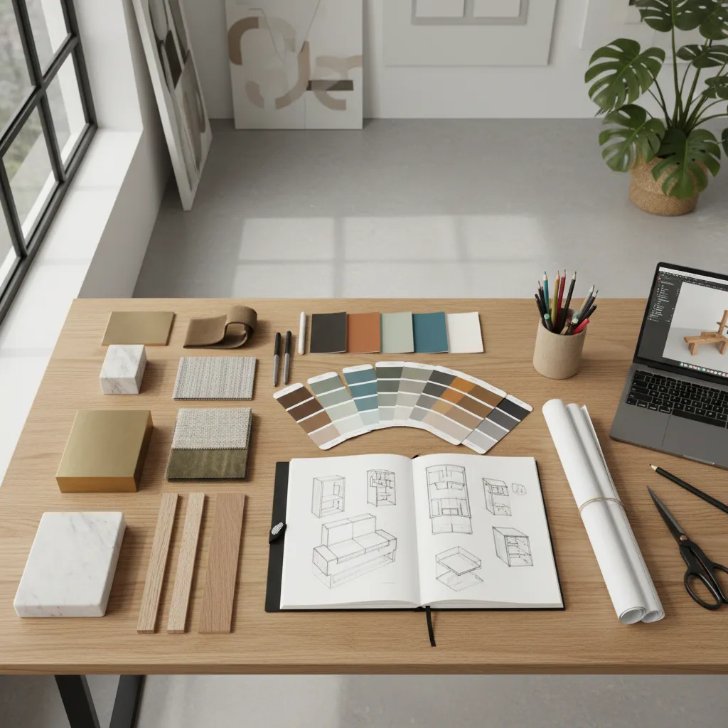 bocetos de diseño de interiores con muestras de materiales y paleta de colores