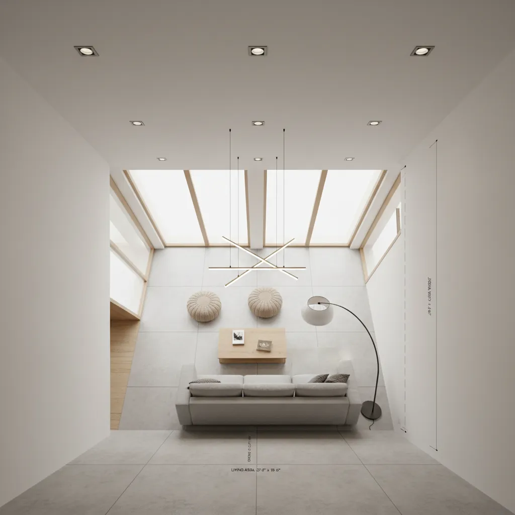 Plano de salón con medidas y distribución de muebles